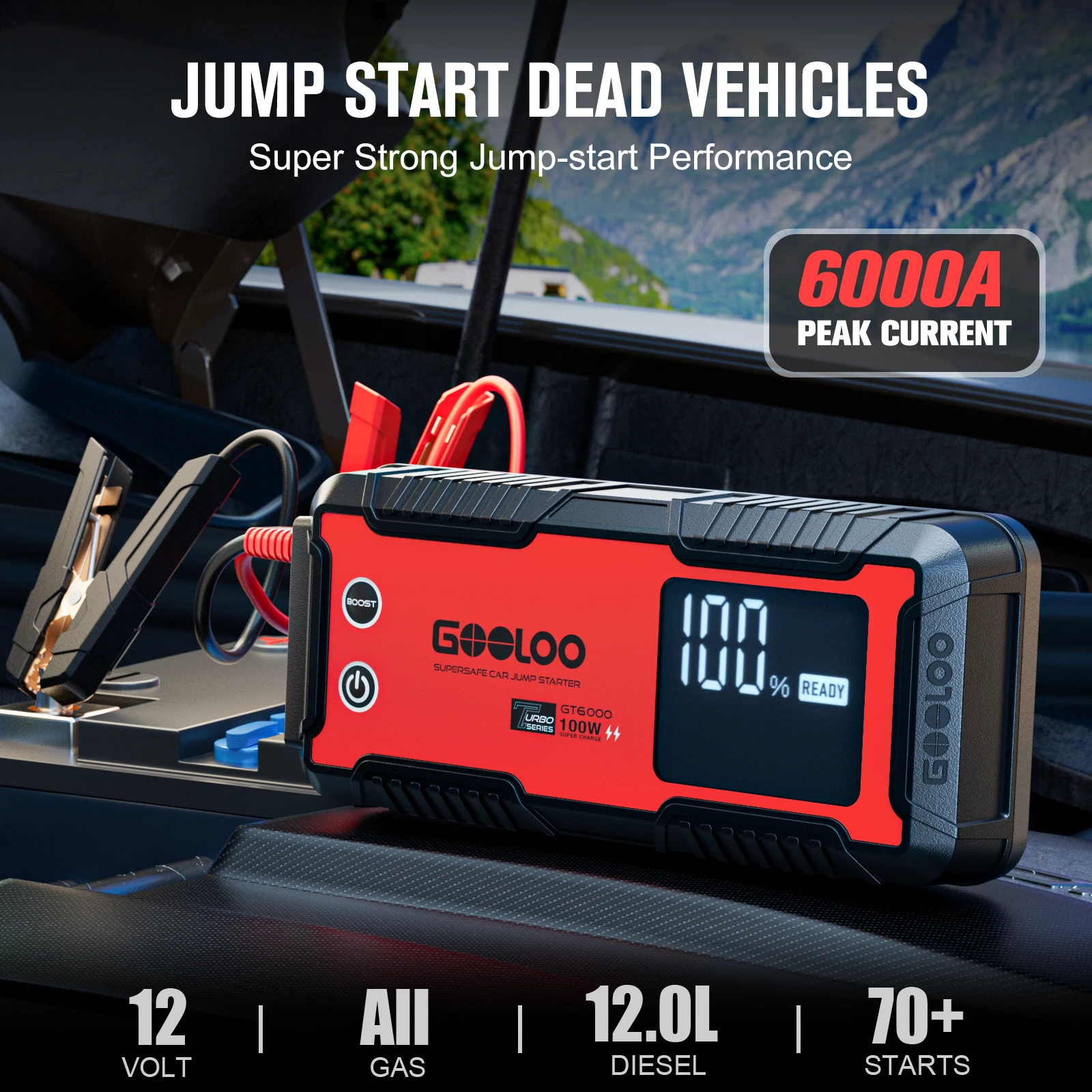 GOOLOO GT6000 6000A 12V Car Jump Starter with 100W Bidirectional Fast Charge, Battery Booster for All Gas & Up to 12.0L Diesel Engines, Super Safe Roadside Emergency Kit, Large Display, 27000mAh, 24-Month Standby