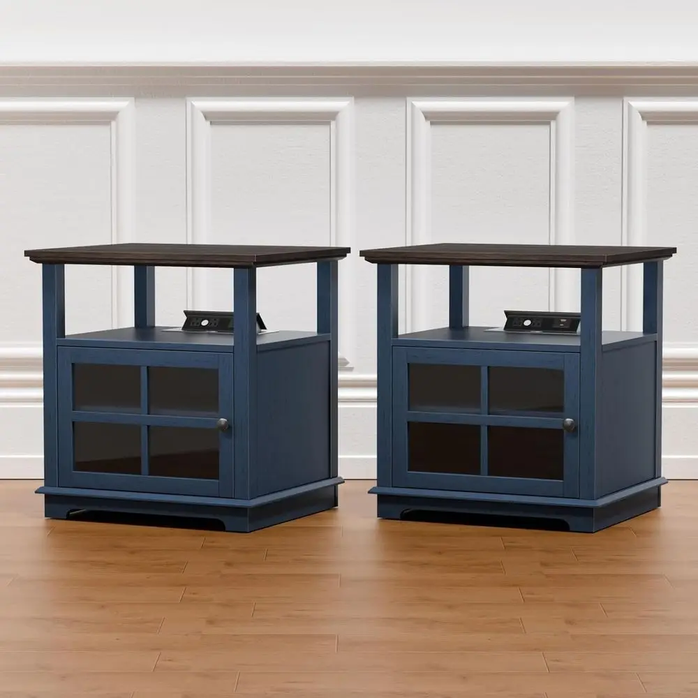 

Rustic Wood 2-Piece Side Table Set with Charging Station and Storage, Blue