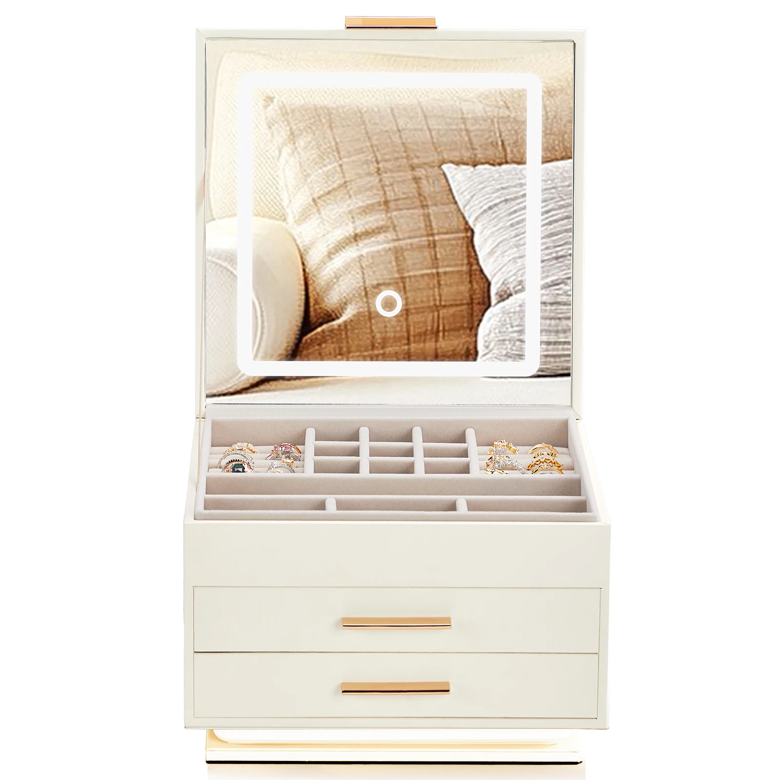 

Elegant LED Jewelry Box with 3-Color Mirror Light & Ambient Glow – White Cabinet & Pink Velvet (23x23x17cm)