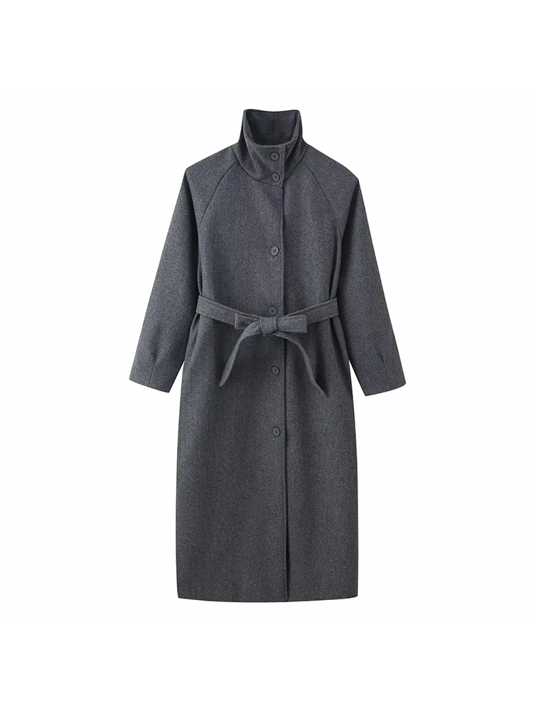 المرأة الرجعية الصلبة الوقوف طوق معطف طويل تويد المرأة أزياء واحدة الصدر معاطف مع حزام سيدة شيك الشارع أبلى #5