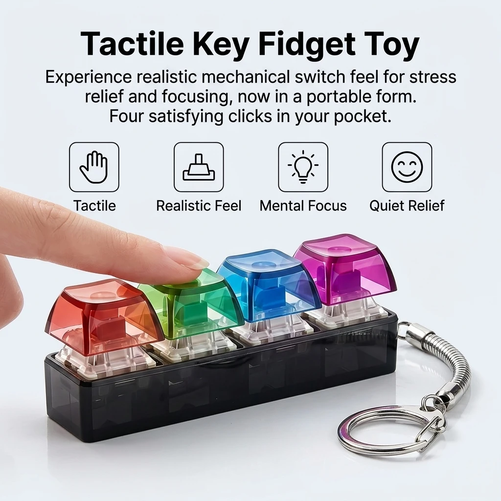 Keyboard Keychain Silicone Stress Relief Toy Fidget Keycap for Office Study Desk Decor Silent Sensory Anxiety Relief Gift