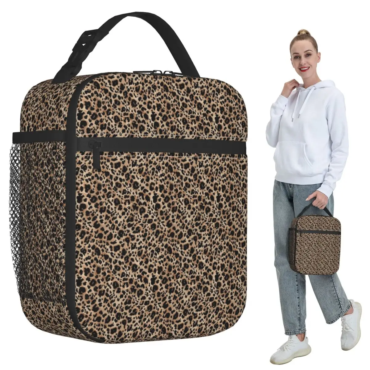 

Brown Leopard Pattern Insulated Lunch Bag for Women Office Cooler Thermal Food Box Tote Leakproof Lunch Boxes Container