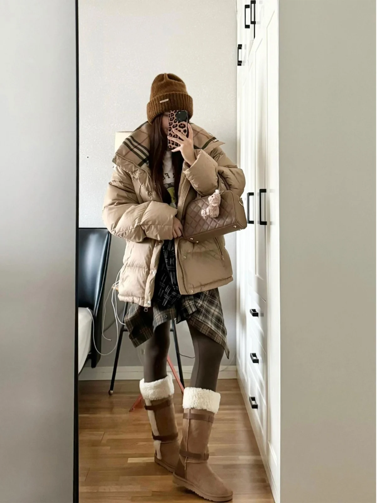 Inverno Nuovo Skk Store Cappotto da donna trapuntato e vestibilità ampia Jaet Du piumino con cappuccio Design scozzese kaki con cerniera lunga