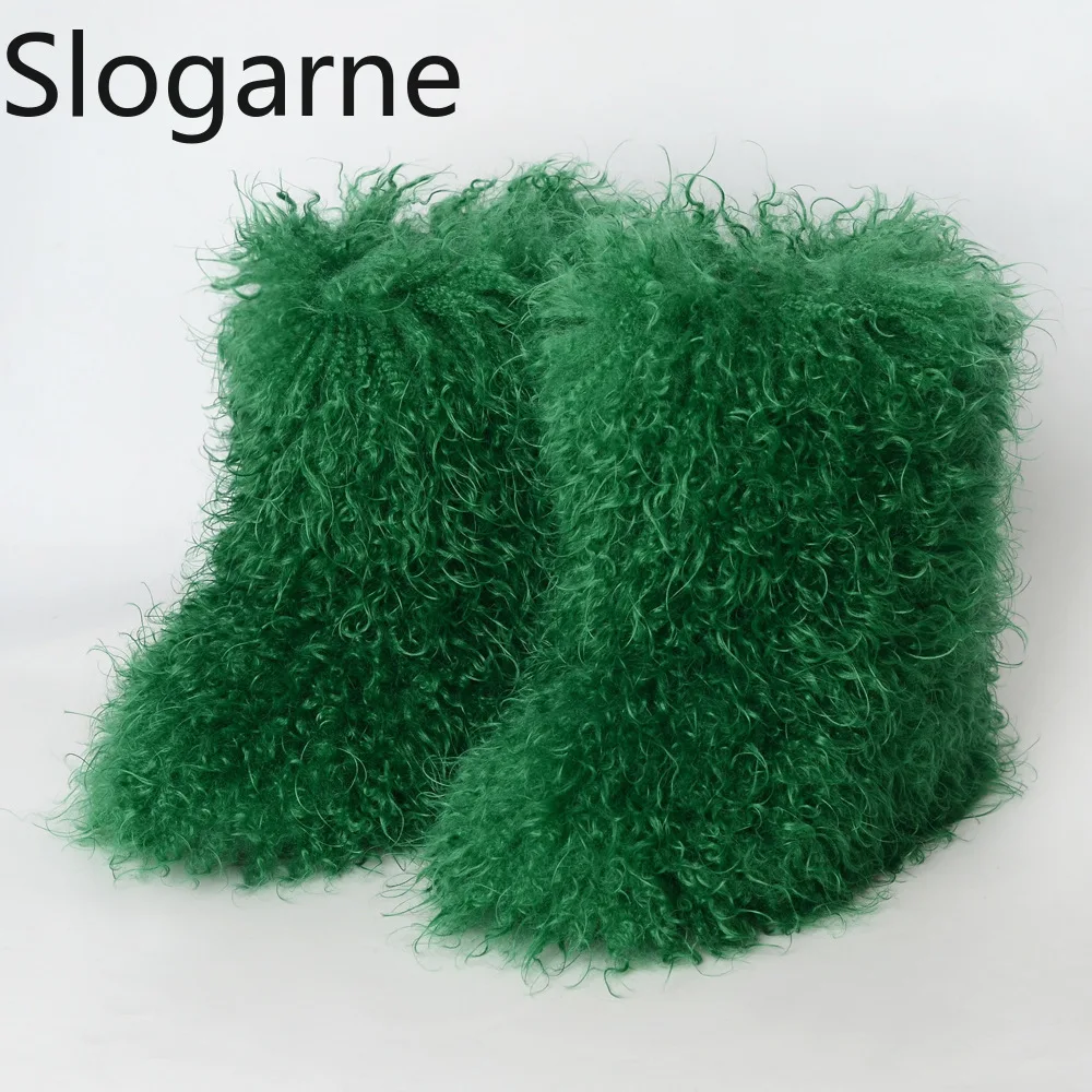 Ladies Trendy Mongolian Fur Boots Women Fahsion Teddy Fur Snow Boots Fluffy Warm Faux Wool Y2K Winter Shoes Plush Warm Footwear