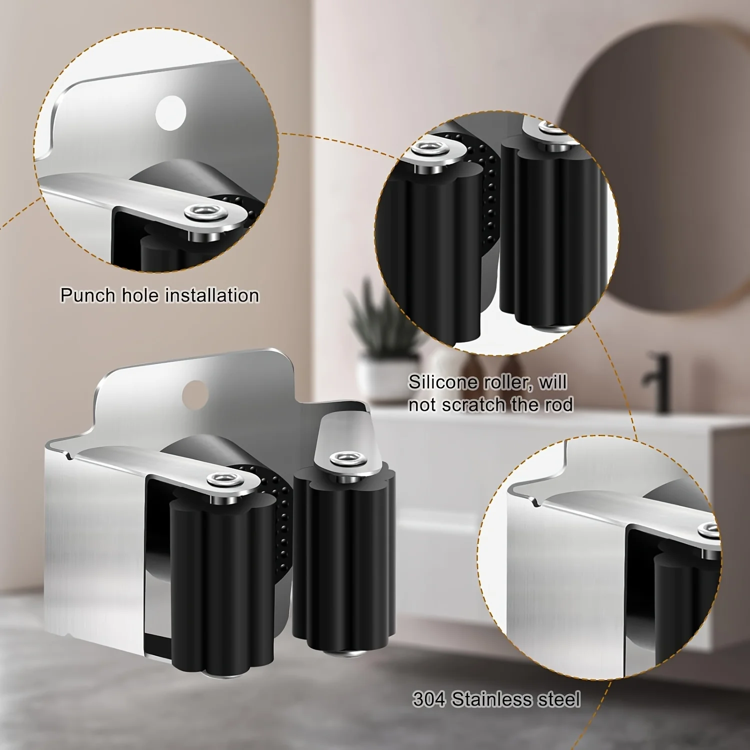 Stainless Steel Wall Mounted Broom Mop Holder, with Screws Included, Suitable for Bathrooms, Offices, Cabinets, Gardens, Garages - view 4