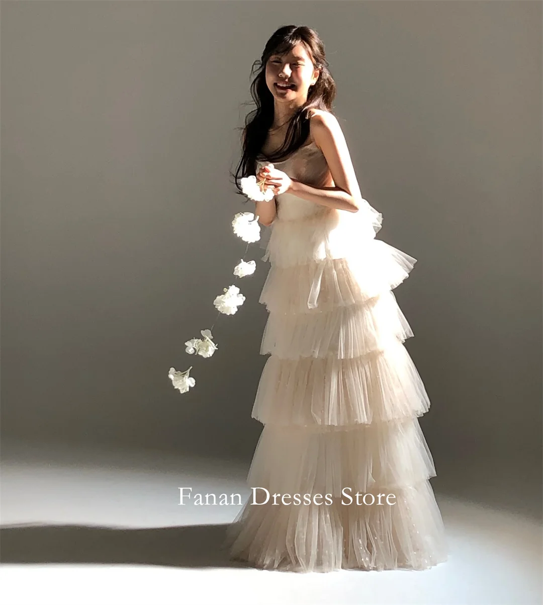FANAN O ネック韓国 A ラインのウェディングドレス 웨딩드레스 ポルカチュール アイボリー レースアップ ティアード カスタマイズされたかわいい花嫁ドレス プラスサイズ