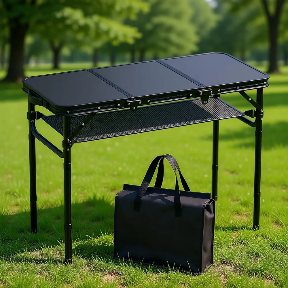 

Portable Folding Camping Table with Storage, 3-Tier Adjustable Height, Up to 27.5, Ideal for Picnics and BBQs, Black