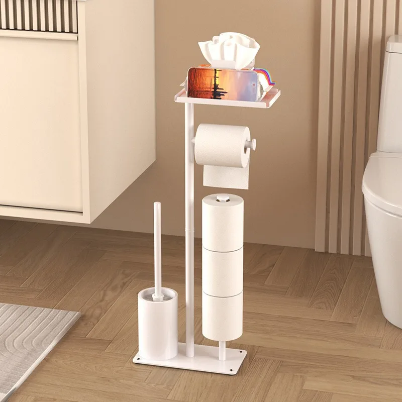 Floor Standing Bathroom Tissue Station Toilet Brush Holder All In One Paper Stand Top Shelf No Drill Organizer