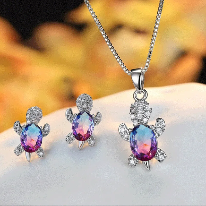 New 925 Sterling Silver Cute Tortoise Crystal Jewelry Set For Women Pendant Necklace Earrings Set Fashion Jewelry Wholesale