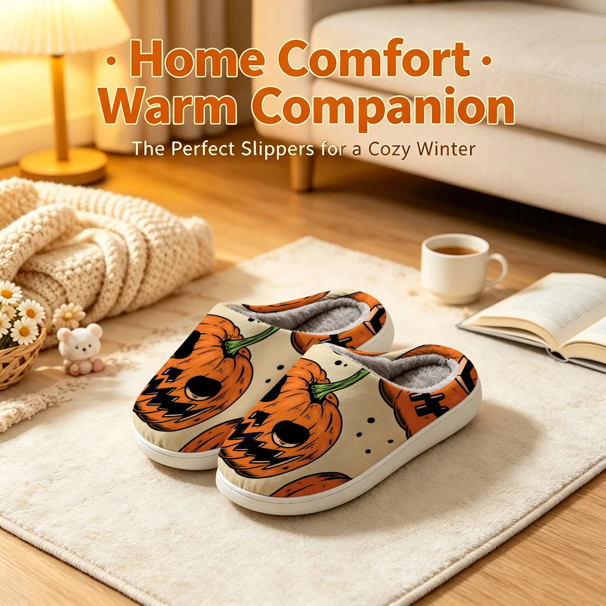 Halloween Pumpkin Print Christmas White Slippers Warm Plush Indoor Shoes Non-Slip Winter Slippers Family Holiday Gifts Soft view 3