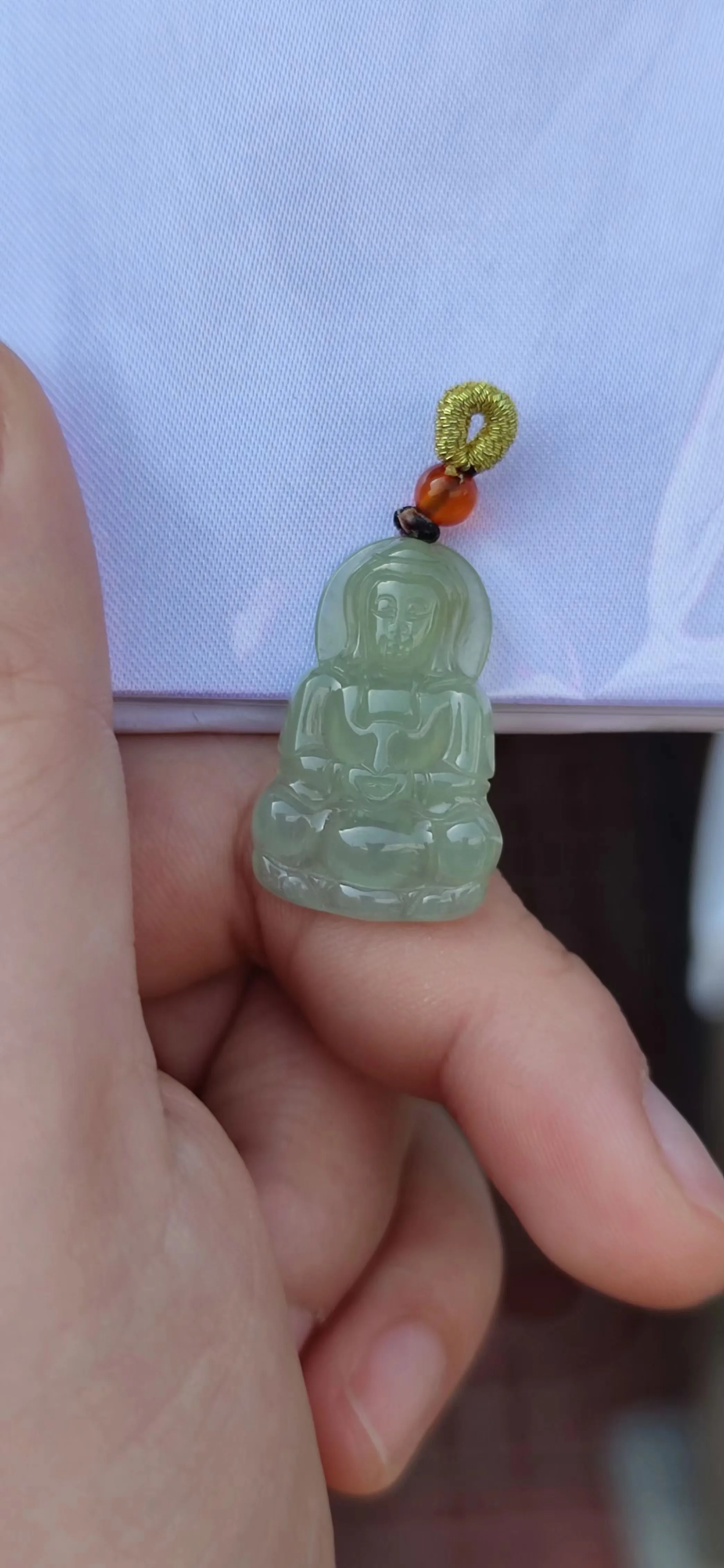 

Natural 100% real white green jadeite carve Guanyin Bless peace pendant jewellery Handle piece for men woman gifts good luck