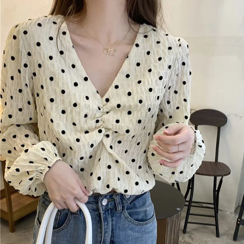 French Style Elegant Fashionable V-neck Popular Bubble Sleeve Shirt Autumn Slim Versatile Casual Sweet Women\'s Long Sleeved Top