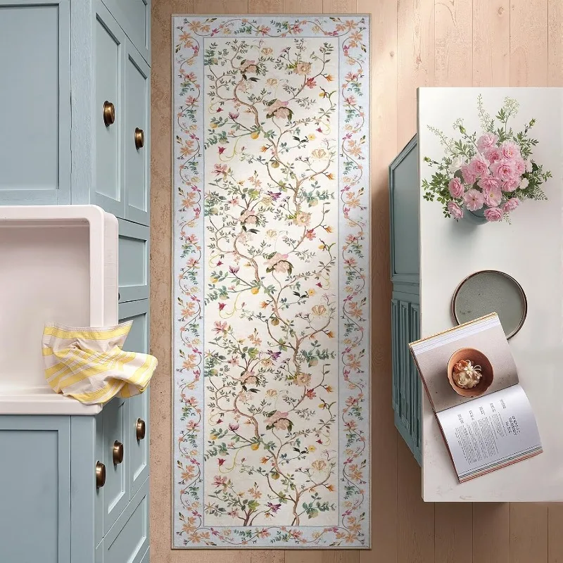 Vintage Floral Vine Runner Rug Elegant Traditional Floral Tree Print Non-Slip Hallway Carpet Botanical Themed Floor Mat