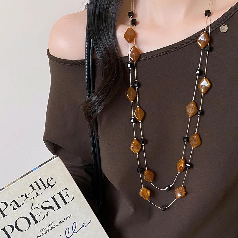 New Fashion Acrylic Beaded Stackable Long Necklace for Women Retro Ethnic Style Design Double Layer Sweater Chains Necklace