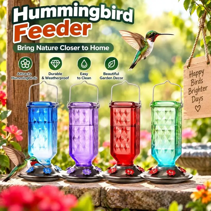 Glass Humming Bird Water Feeder W/ 4 Bee Guard Feeding Ports & Ant Moat Ant & Bee Proof Hummingbird Feeder for Outdoors Hanging
