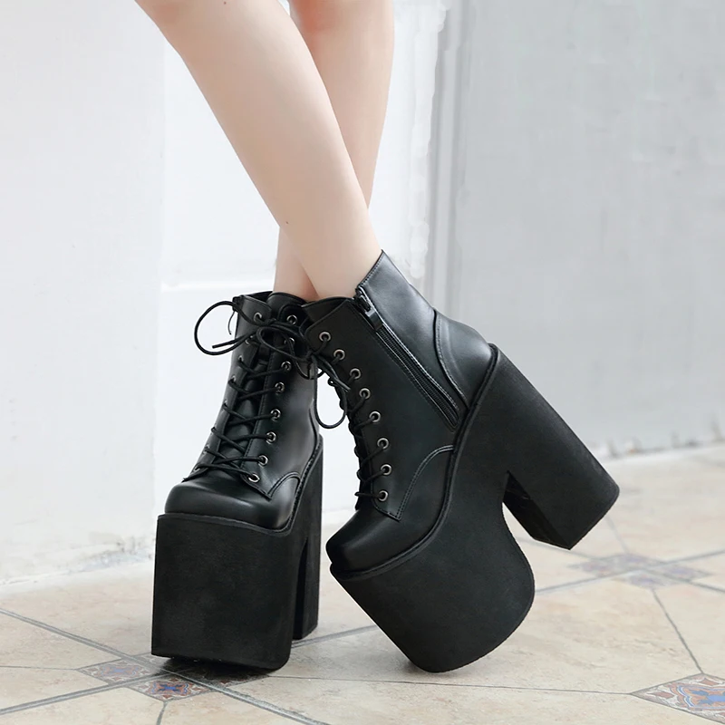 17cm Boots For Women Fashion Black Ankle Boots Punk Style Autumn Cosplay Shoes High Heels Goth Platform Boots Bottes Femme