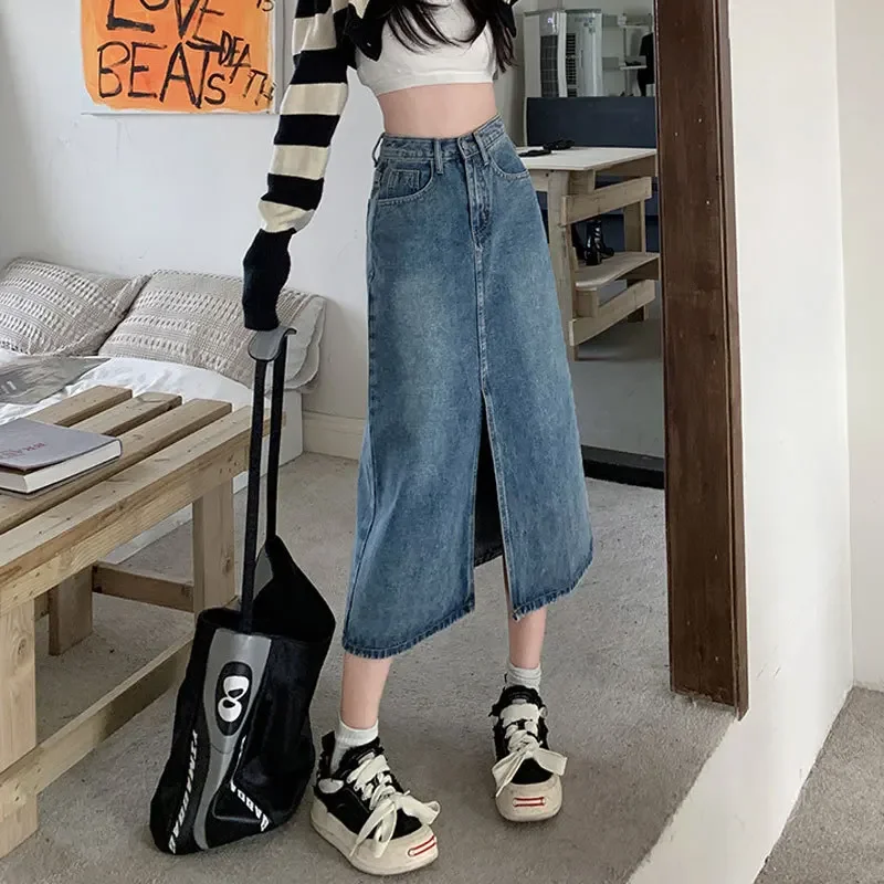 Mid-length Slit Half Body Denim Skirt, Ladies Spring and Autumn Fashion Retro High Waist Hip Wrap Denim Half Body Skirt Women