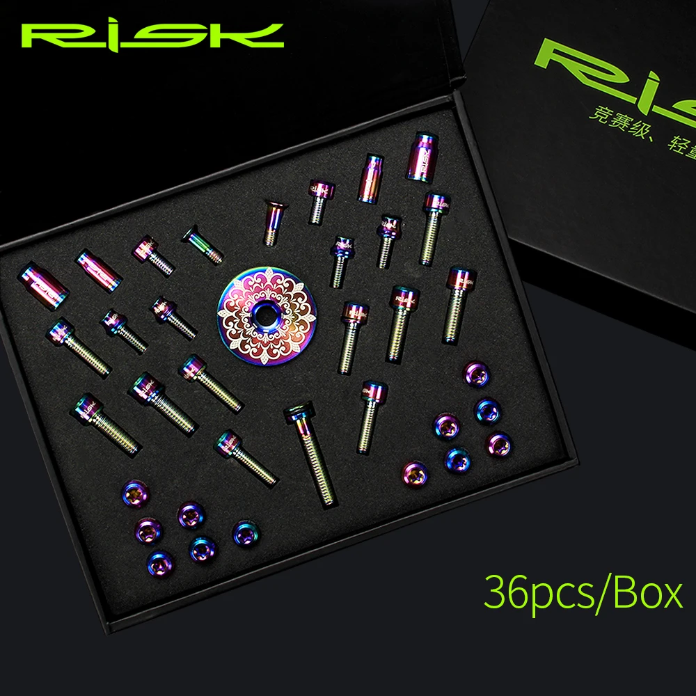 RISK 36pcs Titanium Alloy Screw Kits for MTB Bike Common Bolts Screw Derailleur /Brake/Cage/Valve Cap/Fixing Bolts with Washer