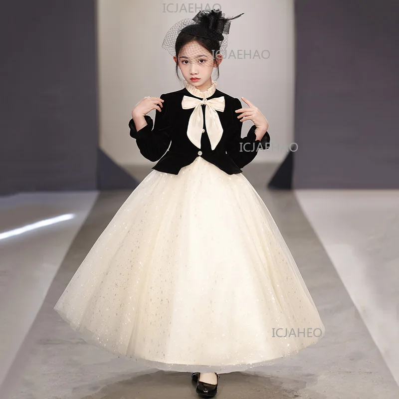 Kids Pageant Formal French Long Sleeve Girls Party Dress Birthday Princess Gown Children Evening Host Piano Performance Outfit