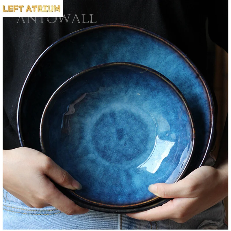 ANTOWALL Kiln Glaze Tableware Bowl Dim Blue Ceramic Soup Ramen Bowl Western Food Fruit Salad Bowl