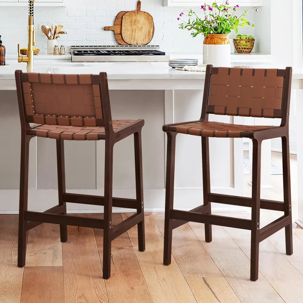 

Faux Leather Woven Counter Stool with Backs, Woven Strips Rattan Barstools with Wood Legs