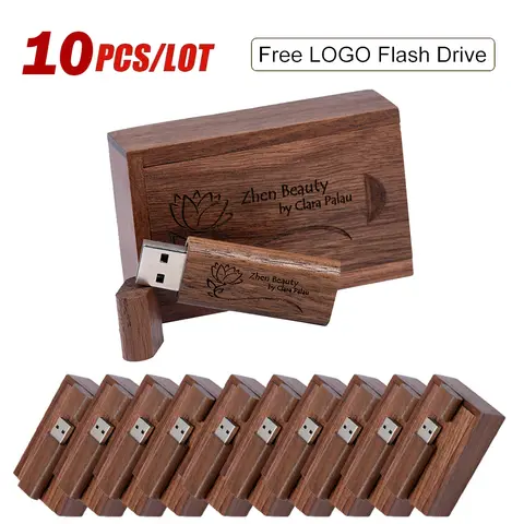 10 SZTUK/LOT Drewniany pendrive USB 128GB Pendrive 64GB 32GB 4GB Memory Stick Drewniane pudełko Bezpłatne niestandardowe logo Kreatywne prezenty biznesowe