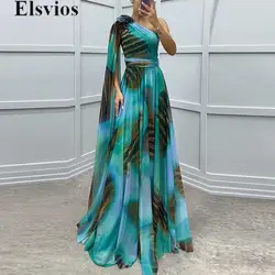 Fashion Diagonal Collar Chiffon Party Dress Female Temperament One Shoulder Evening Dress Sexy Women Shawl Graphic Maxi Dress