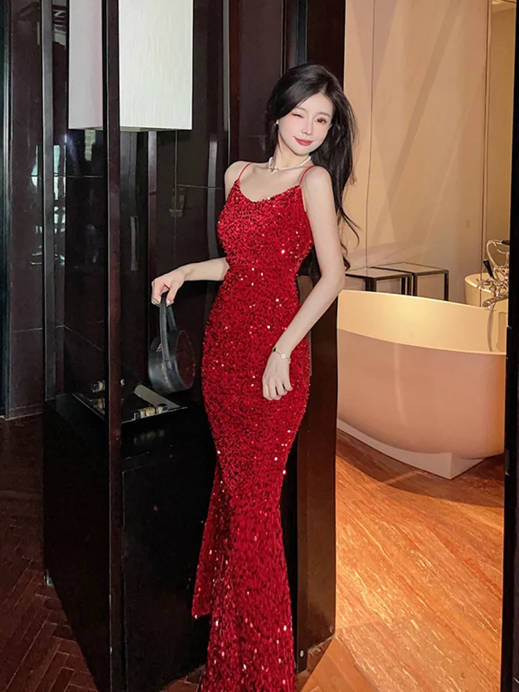 Elegant Pink Spaghetti Strap Sequin Sleeveless Open Back Long Dress 2023 Summer Party Dresses For Women