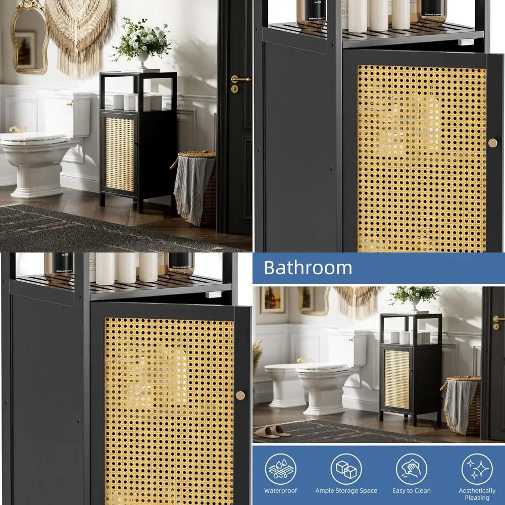 

Compact Bamboo Storage Cabinet for Small Bathrooms, Single Rattan Door, Space-Saving Kitchen Cupboard in Black