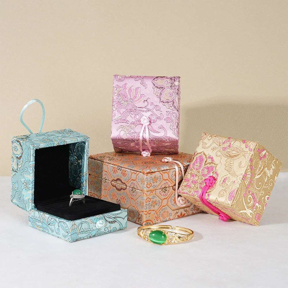 Engagement & Wedding Jewelry Gift Box, Embroidered Silk Packaging Case with Frog Button, Bridal Present for Her