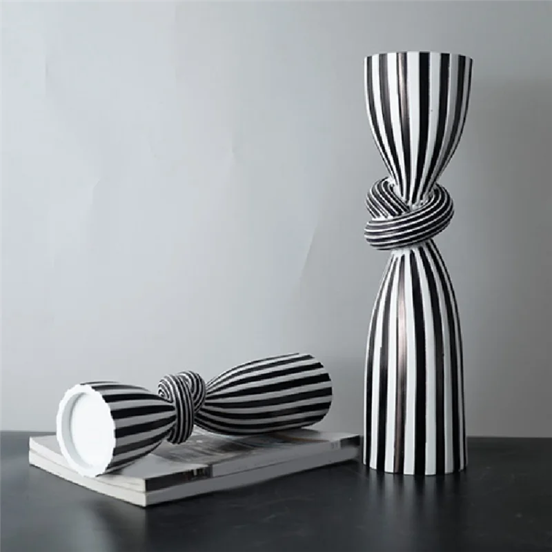 

BEAU-Black & White Striped Twist Candlestick Resin Ornament Dining Table Decoration Irregular Candle Container Holder Stand-A Du