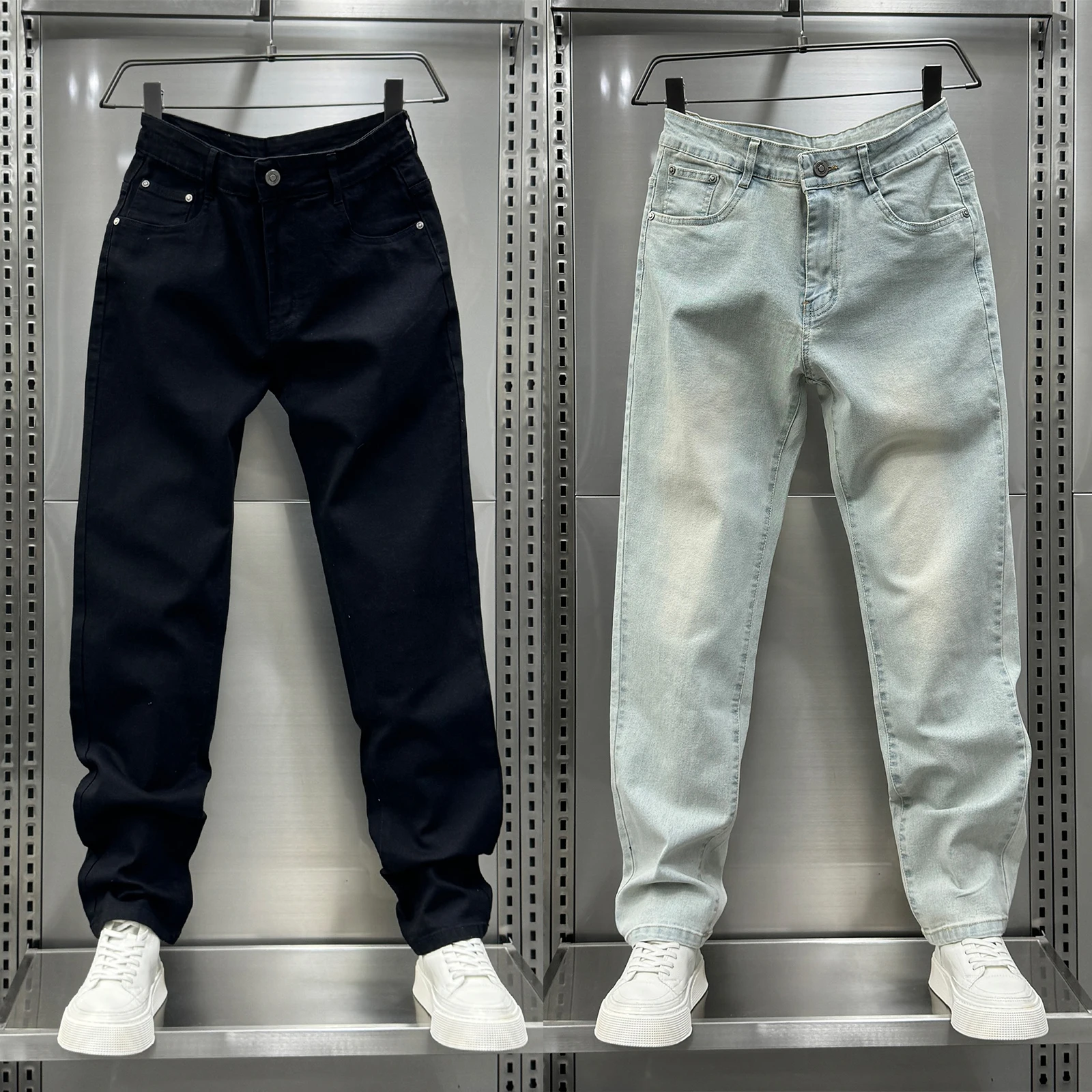 

Retro American Waed White Jeans Men's Straight Leg Casual Jeans Autumn Winter High Street Vintage Nine Point Pants