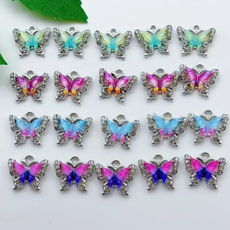 20 Stück Voll-Diamant Bunte Schmetterling-Anhänger aus Legierung DIY Ohrringe Schmuck Halskette Handgemachtes Material Zubehör