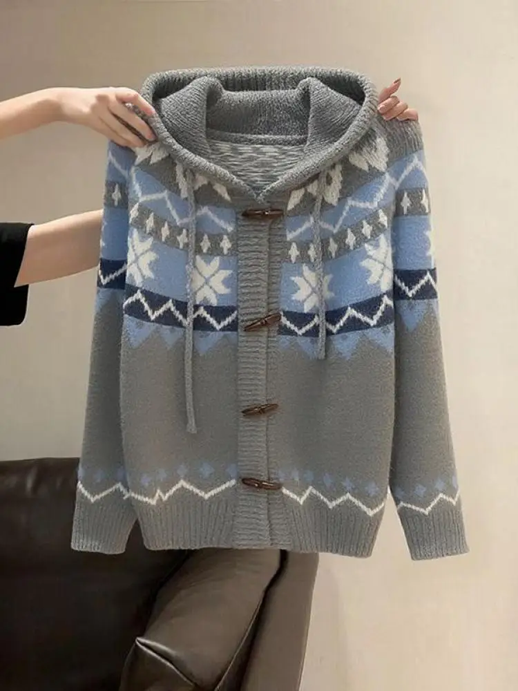 

Autumn Winter Vintage Grey Patchwork Long Sleeved Knitted Tops Women's Hooded Elegant Cardigan Short Sweater Trendy Fashion Chic