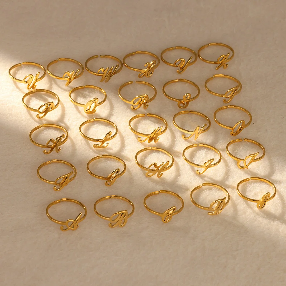 Initial Letter Rings for Women, Gold Color Adjustable A-Z Ring
