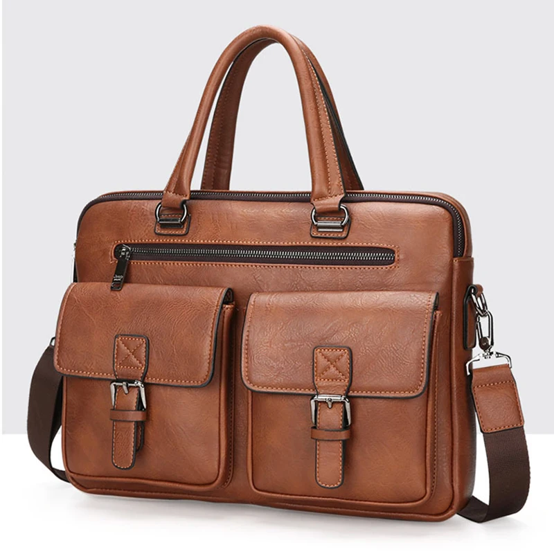 Briefcase Bag for Man PU Leather Vintage Executive Male Handbags Laptop 14 Shoulder Business Messenger Crossbody Portable Bag