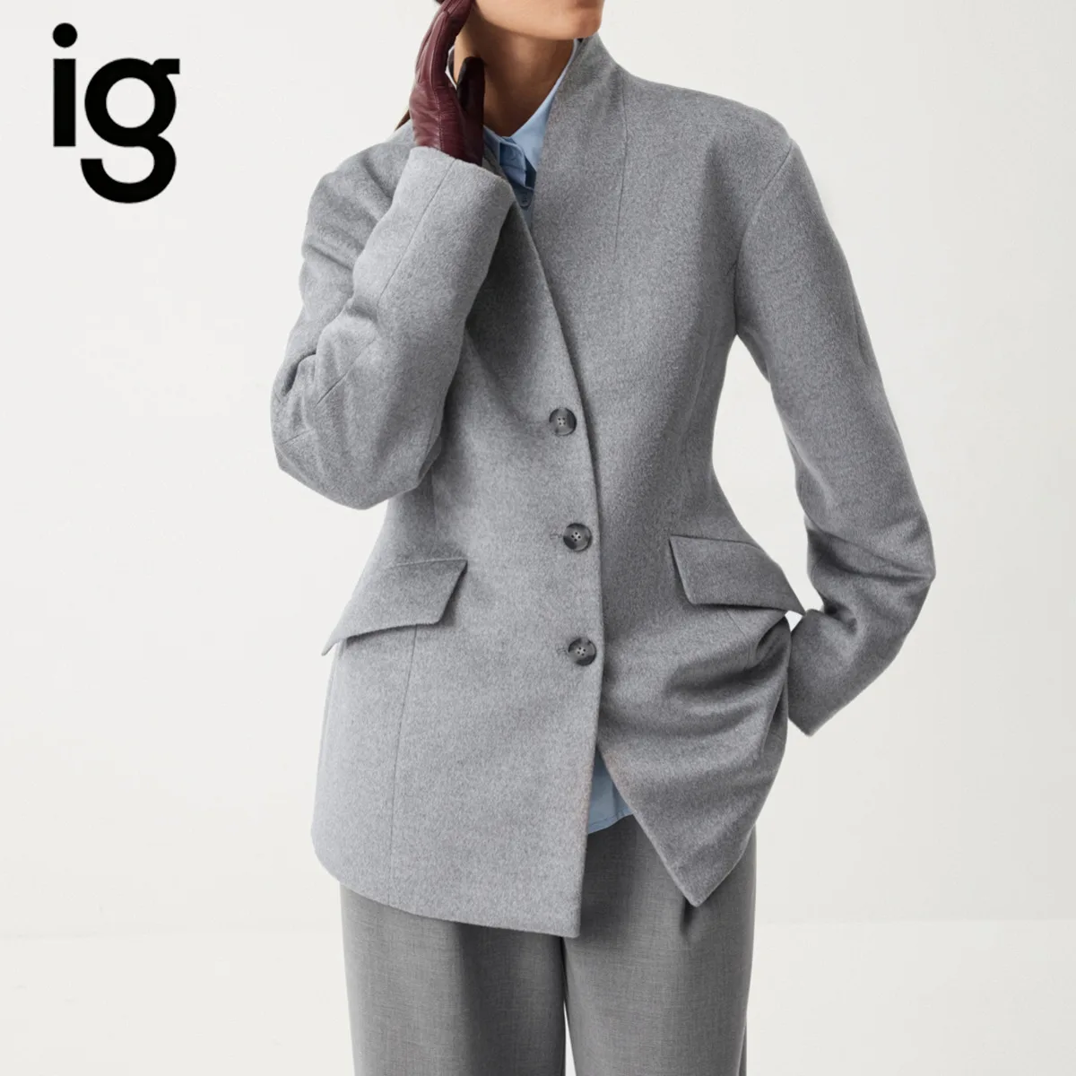 IG Women Stand Collar Single Breasted Cotton-Blend Short Coat, Waisted Fit with Flap Pockets, Elegant Office Casual Outerwear