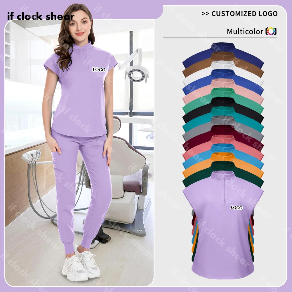 Custom Logo Nurse Workwear Pet Veterinary Uniform Solid Color Surgical Uniform V Neck Nursing Uniforms Women Doctor Work Clothes