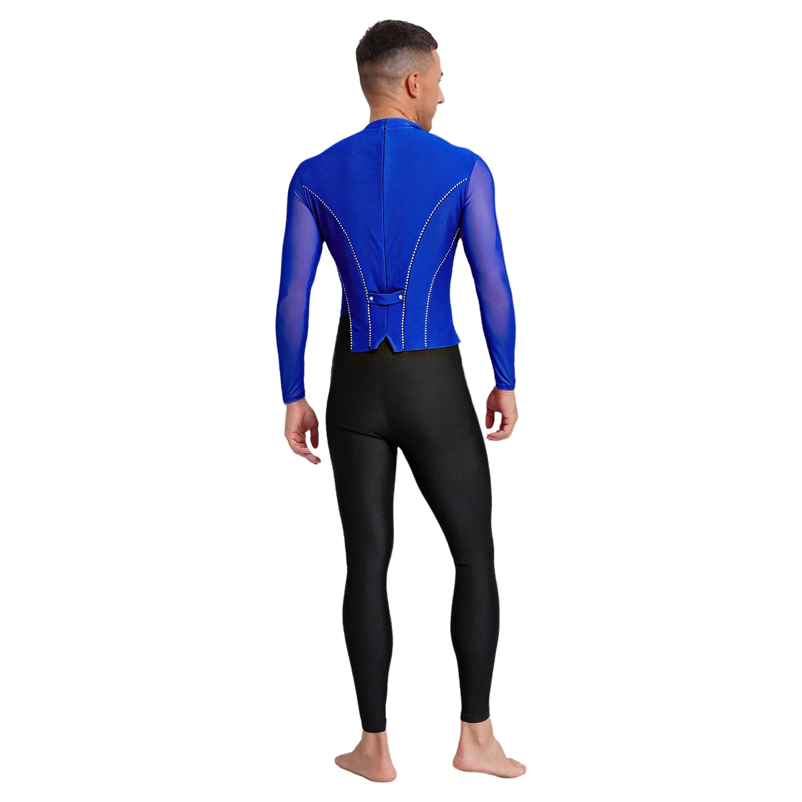 Combinaison de danse pour hommes, maille transparente, manches longues, strass, body pour patinage artistique, gymnastique, spectacle, compétition sur scène