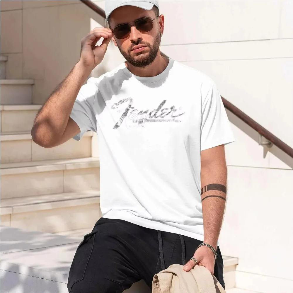 2026 New Fender Vintage Distressed Electric Guitar Print Rock Music Fans Mens Blue Crew Neck T Shirt