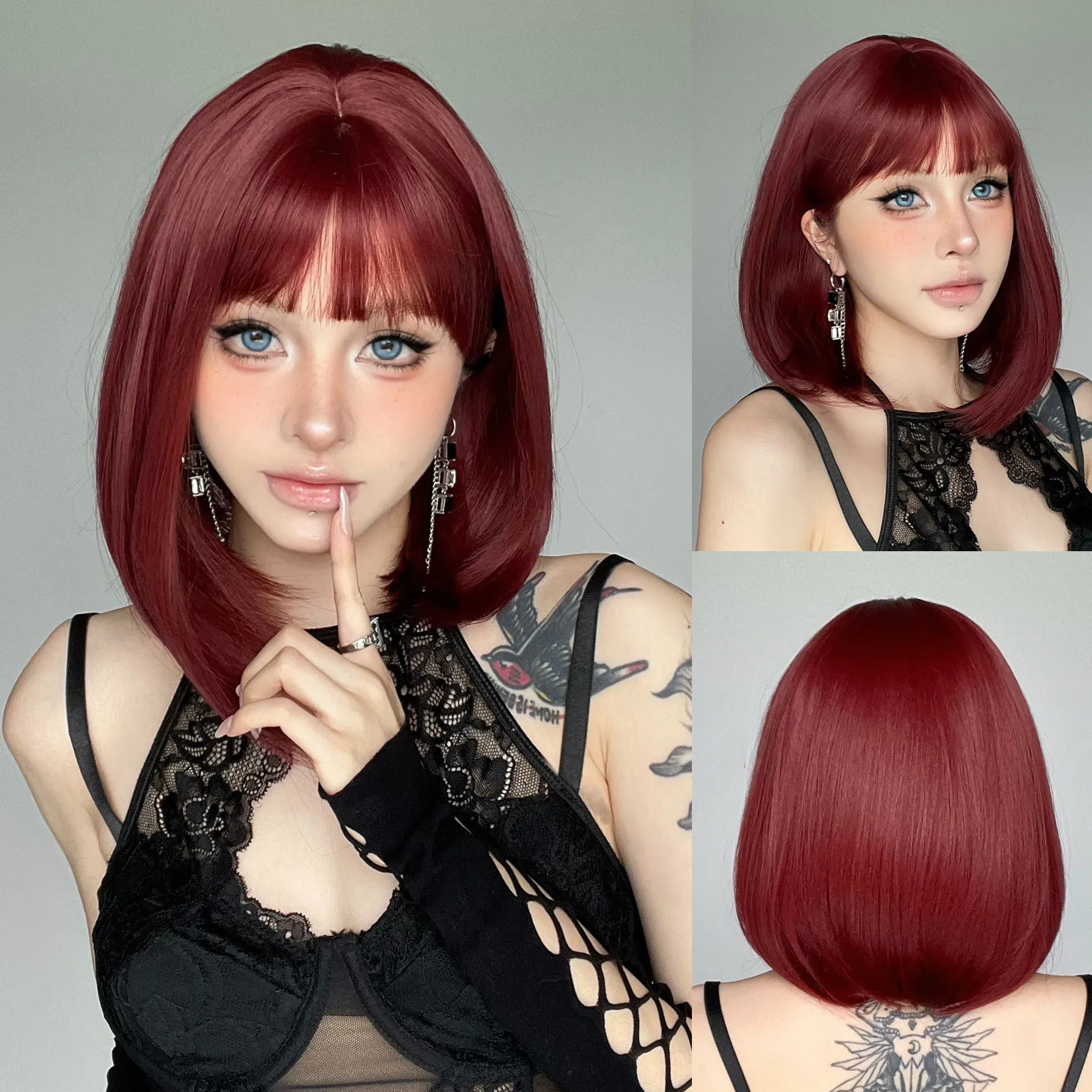 

JOVIA Layered Bob Synthetic Synthetic Wig with bangs straight hair short hair wine red color role playing parties everyday