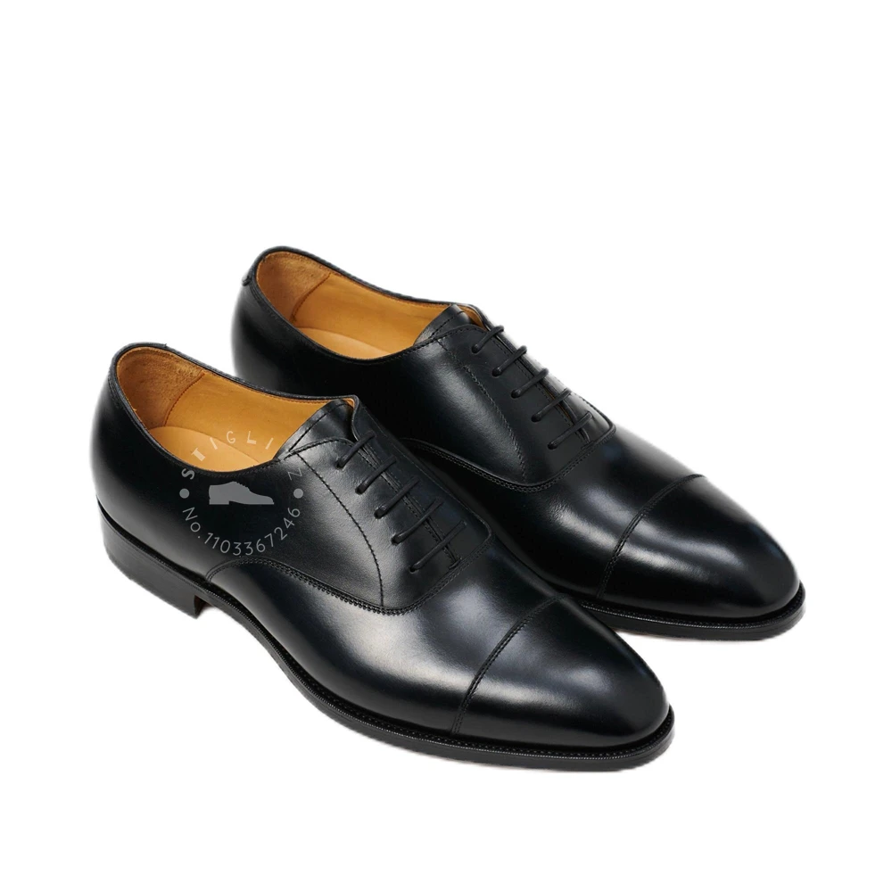 Cap Toe Oxford Dress Shoes Black Leather Luxury Handmade Shoes Solid Color Patent Matte Leather Men's Business Shoes for Wedding