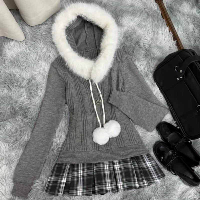 Autumn Winter Japanese Plush Patchwork Hooded Sweater Women Vintage Sweet Threaded Knitted Pullovers Girl Harajuku Y2k Slim Coat