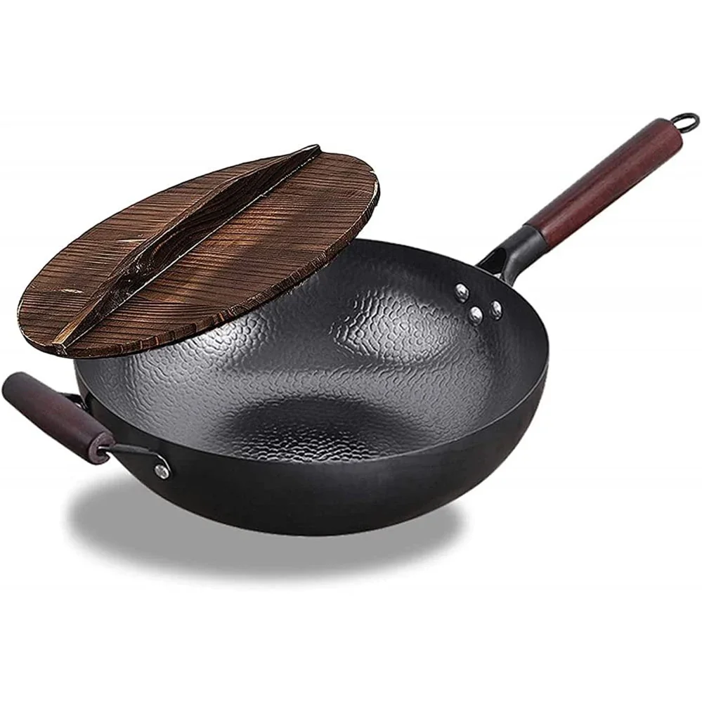 Wok Pan with Wooden Lid Carbon Steel Frying Pan No Chemical Coated Stir-Fry Pans Woks for Induction Electric,Gas All Stoves