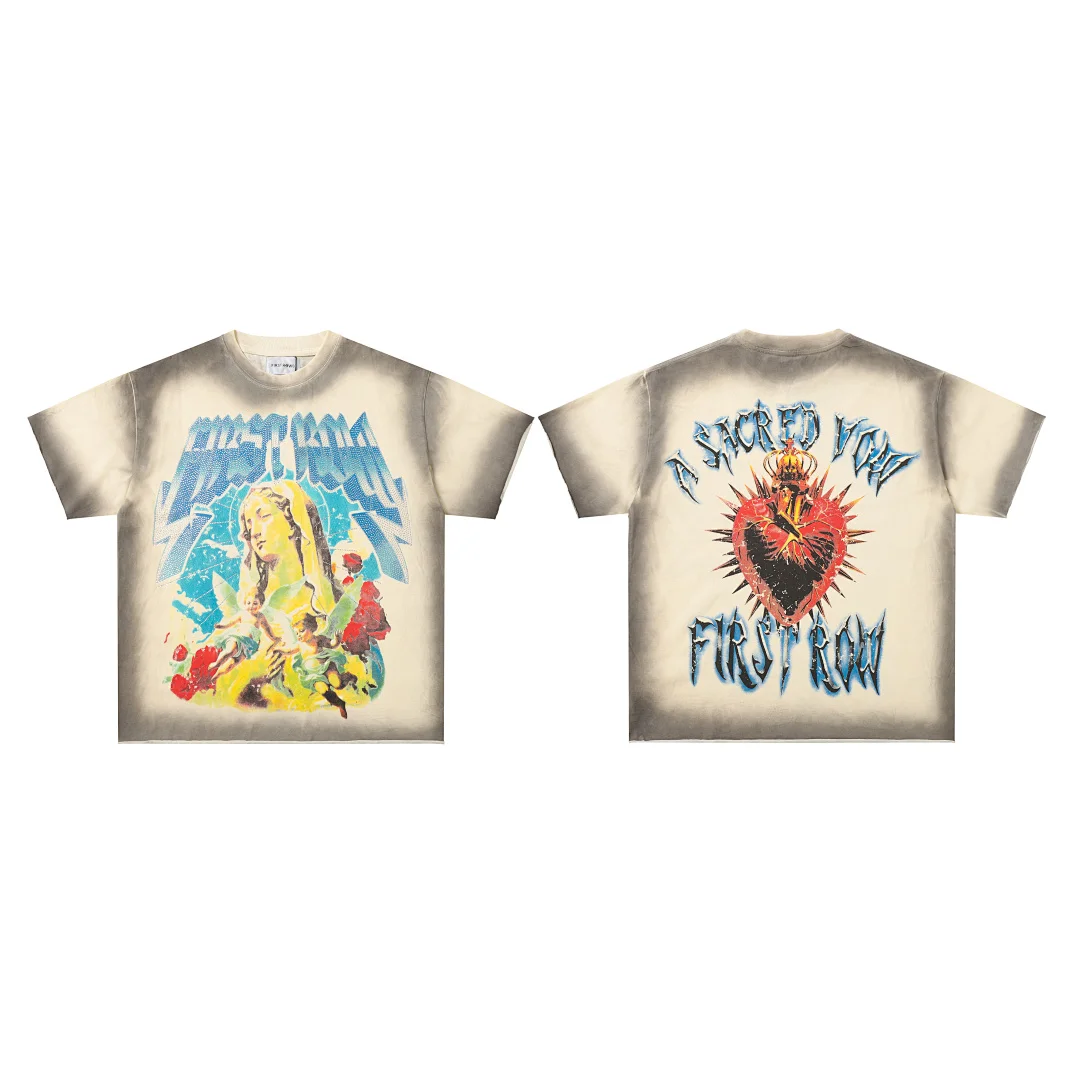 Vintage FIRST ROW Washed Beige T-Shirt Angel Rose Gothic Retro Print Y2K Streetwear Oversized Loose Short Sleeve Cotton Tee