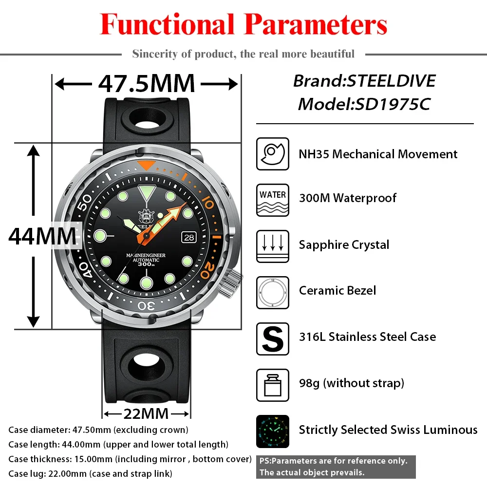 STEELDIVE SD1975C orologio meccanico classico per uomo multicolore luminoso 30Bar impermeabile NH35 movimento Dive tonno zaffiro specchio