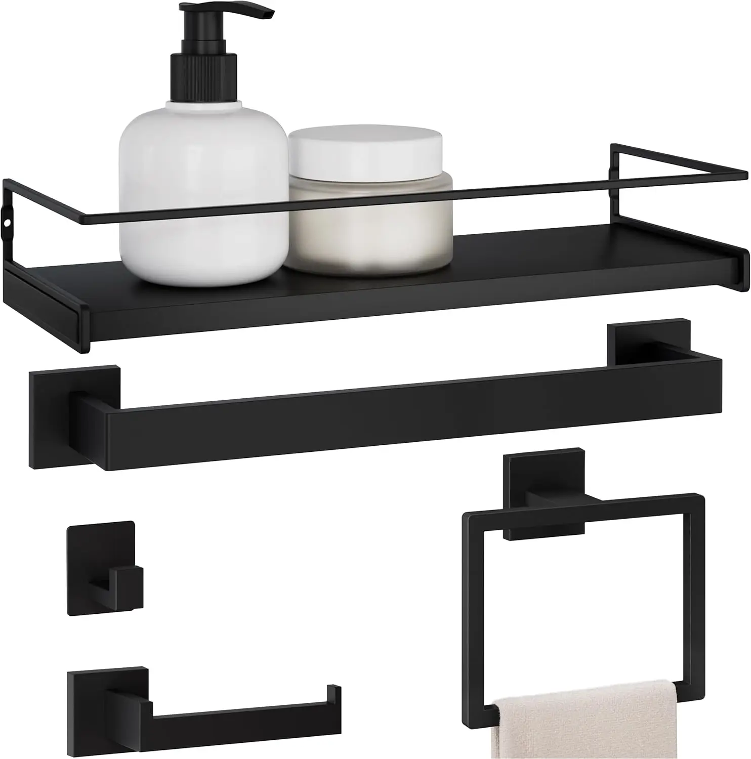

5-Piece Matte Black Bathroom Hardware Set with Shelf, Towel Bar, Toilet Paper Holder & Hook