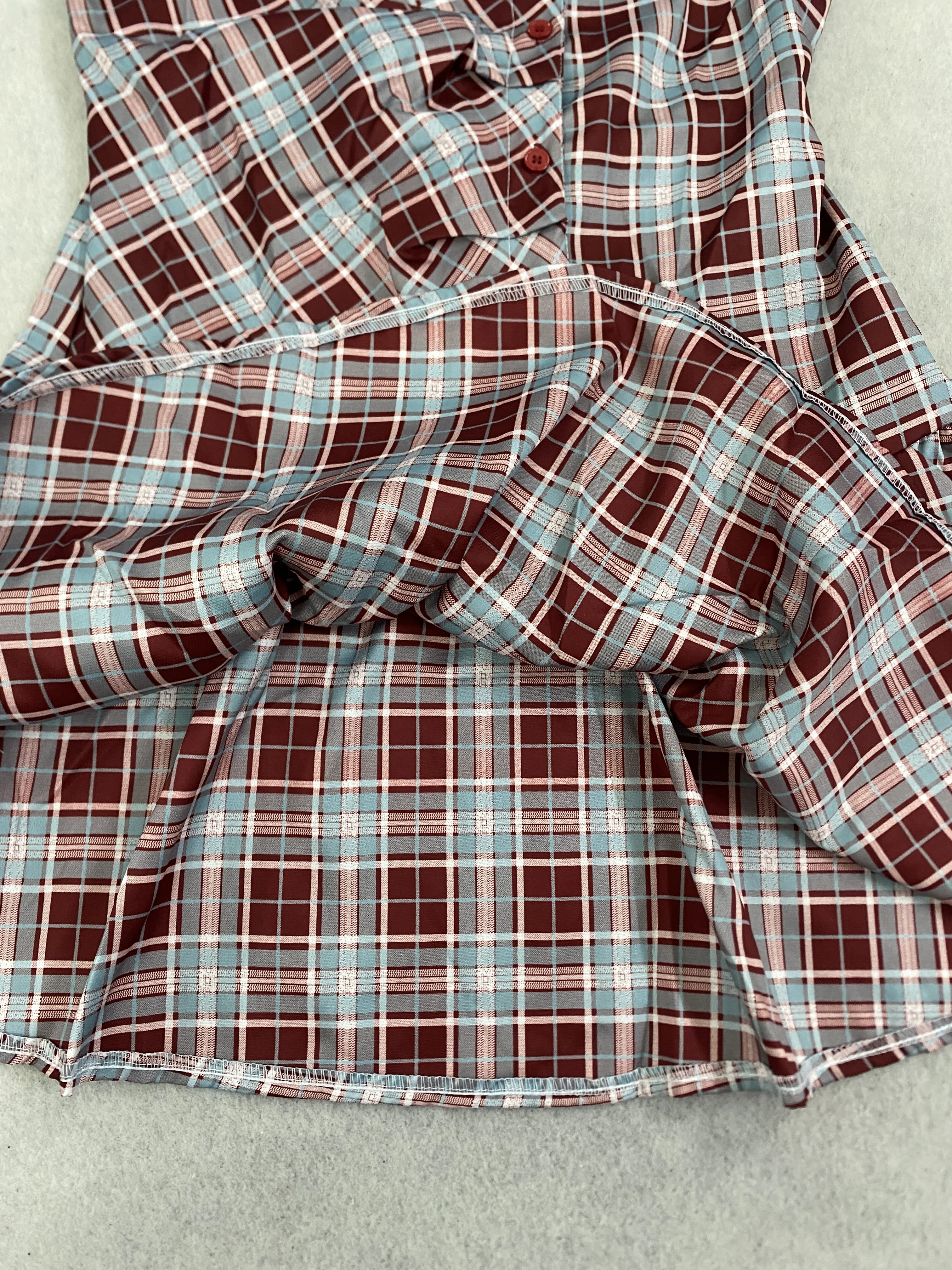 Damen Vintage Kariertes A-Linien-Minikleid Kurzarm Stehkragen Knopfleiste Plissiert Lässig Elegant Modisch – Detail 11