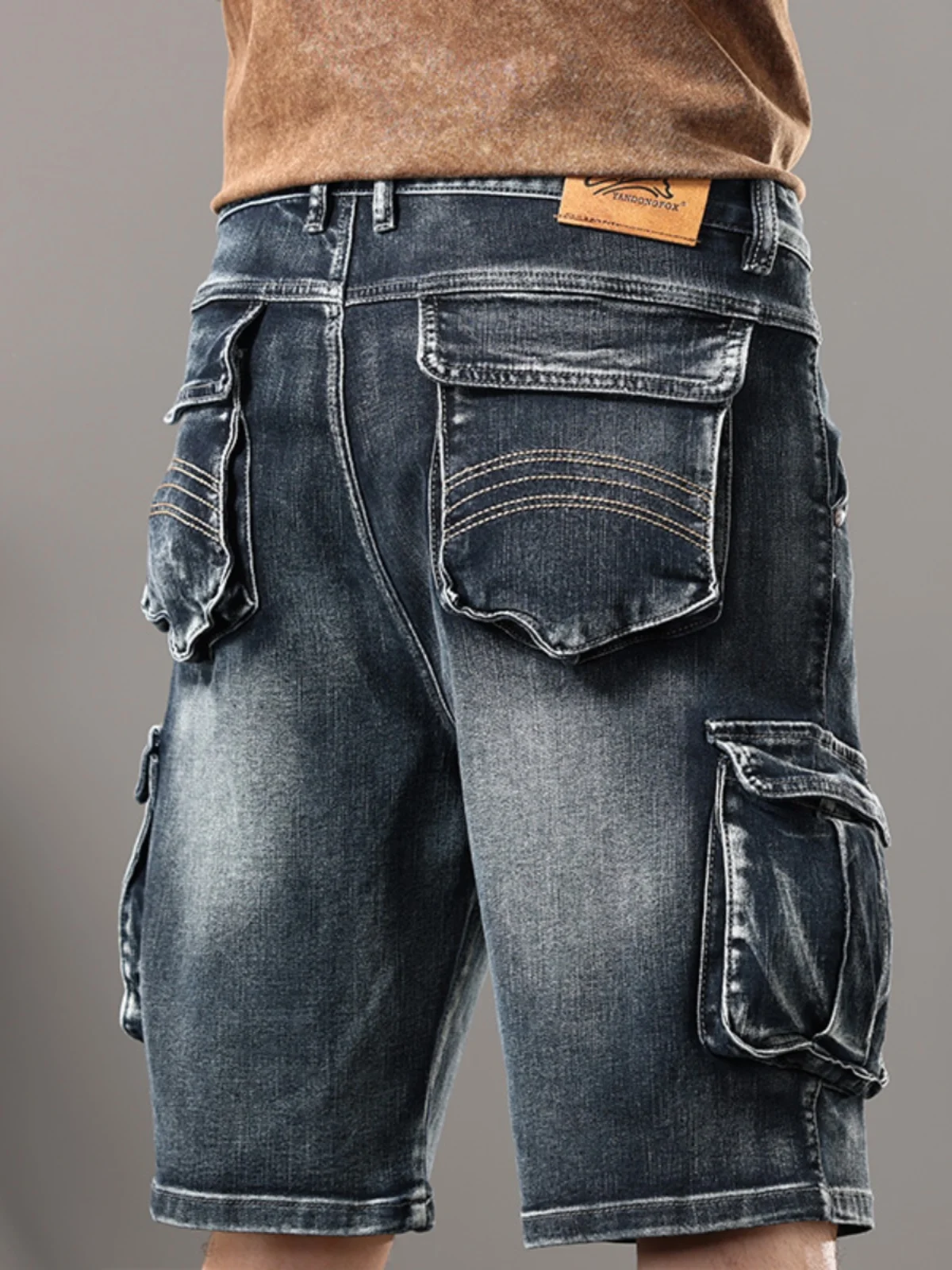 Retro Men's Denim Work Shorts Five-Pocket Loose Fit Youth Trendy Summer Elastic Waist Cargo Pants Cotton Stretch Denim