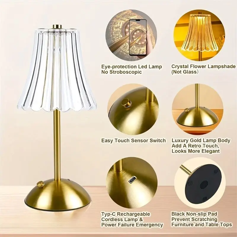 1/2 Set Crystal Wireless Table Lamp Rechargeable Gold Retro LED Desk Lamp Portable Touch Three Color Night Light